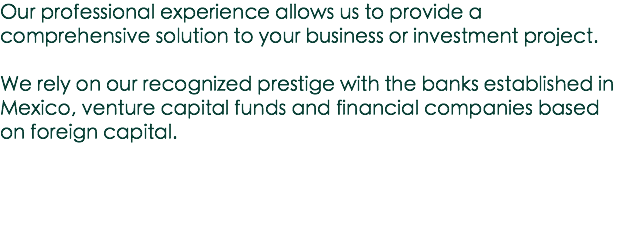 Our professional experience allows us to provide a comprehensive solution to your business or investment project. We rely on our recognized prestige with the banks established in Mexico, venture capital funds and financial companies based on foreign capital. 